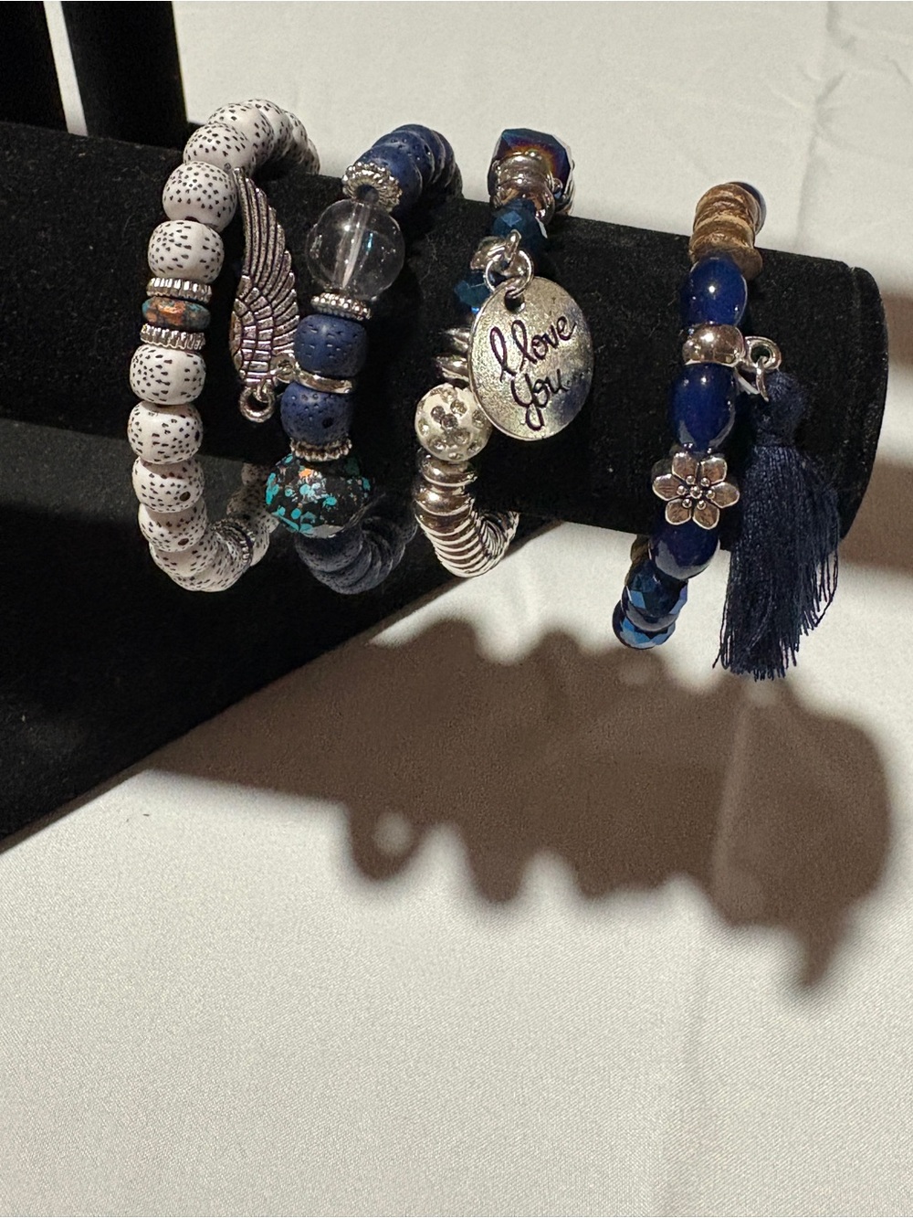 Blue & White Boho Bracelet Stack Set | Silver Angel Wing & Love You Charm | Laye